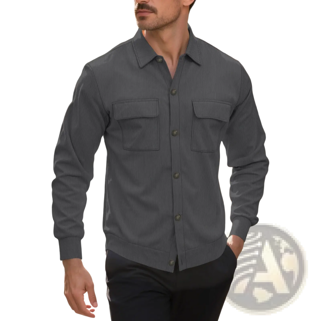 Men corduroy pinstripe shirt pocket coat in dark gray with subtle vertical pinstripes and two chest pockets