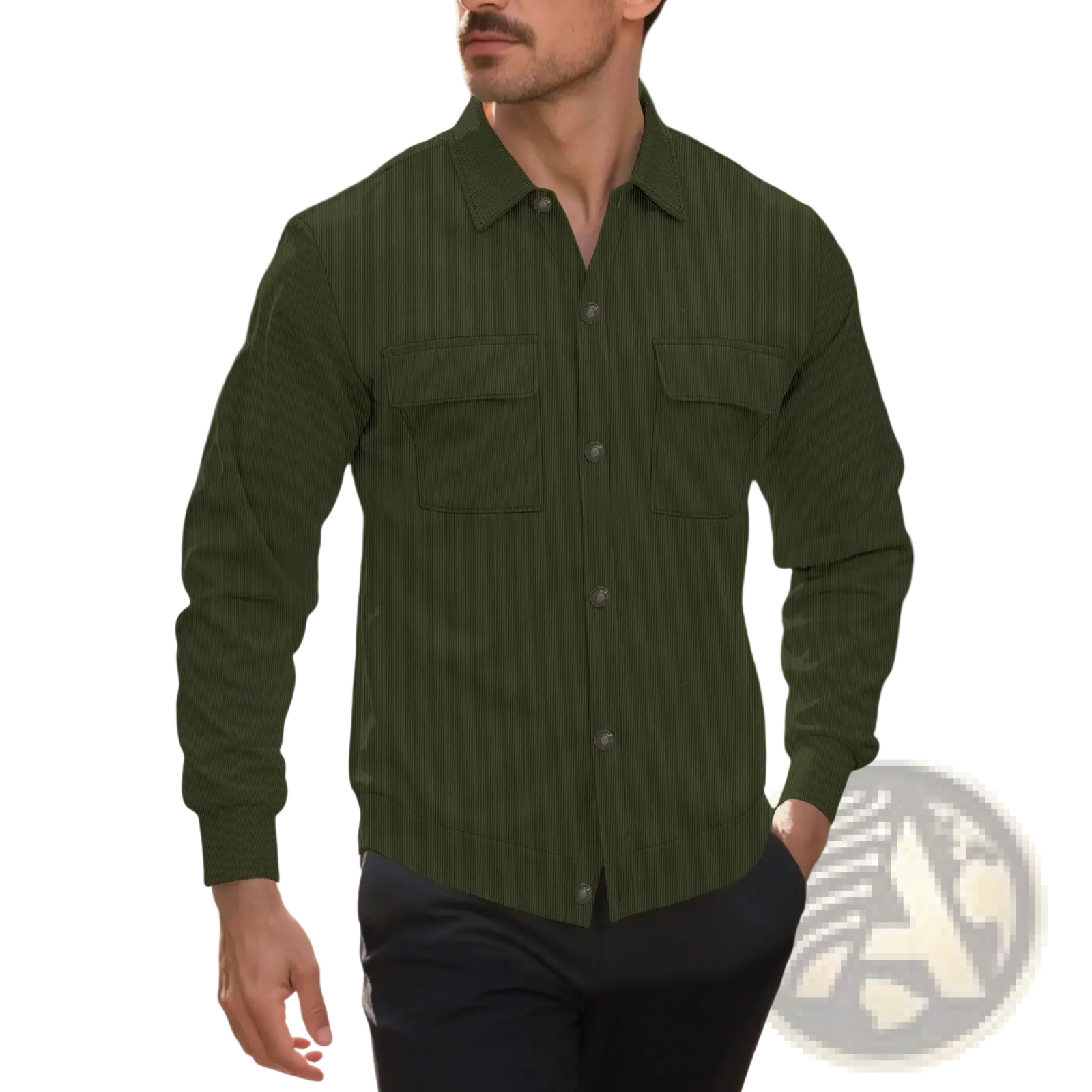Men corduroy pinstripe shirt pocket coat in dark olive green with long sleeves subtle vertical pinstripes and chest pockets