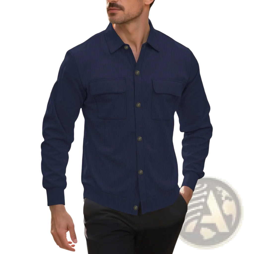 Men corduroy pinstripe shirt pocket coat in navy blue with long sleeves two chest pockets and dark buttons