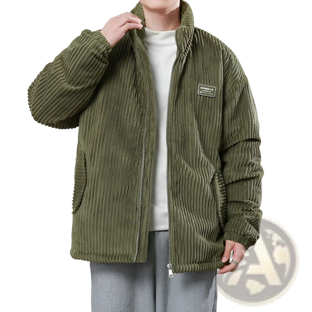Men olive green corduroy puffer jacket with ribbed texture and zip-up front for winter warmth and style