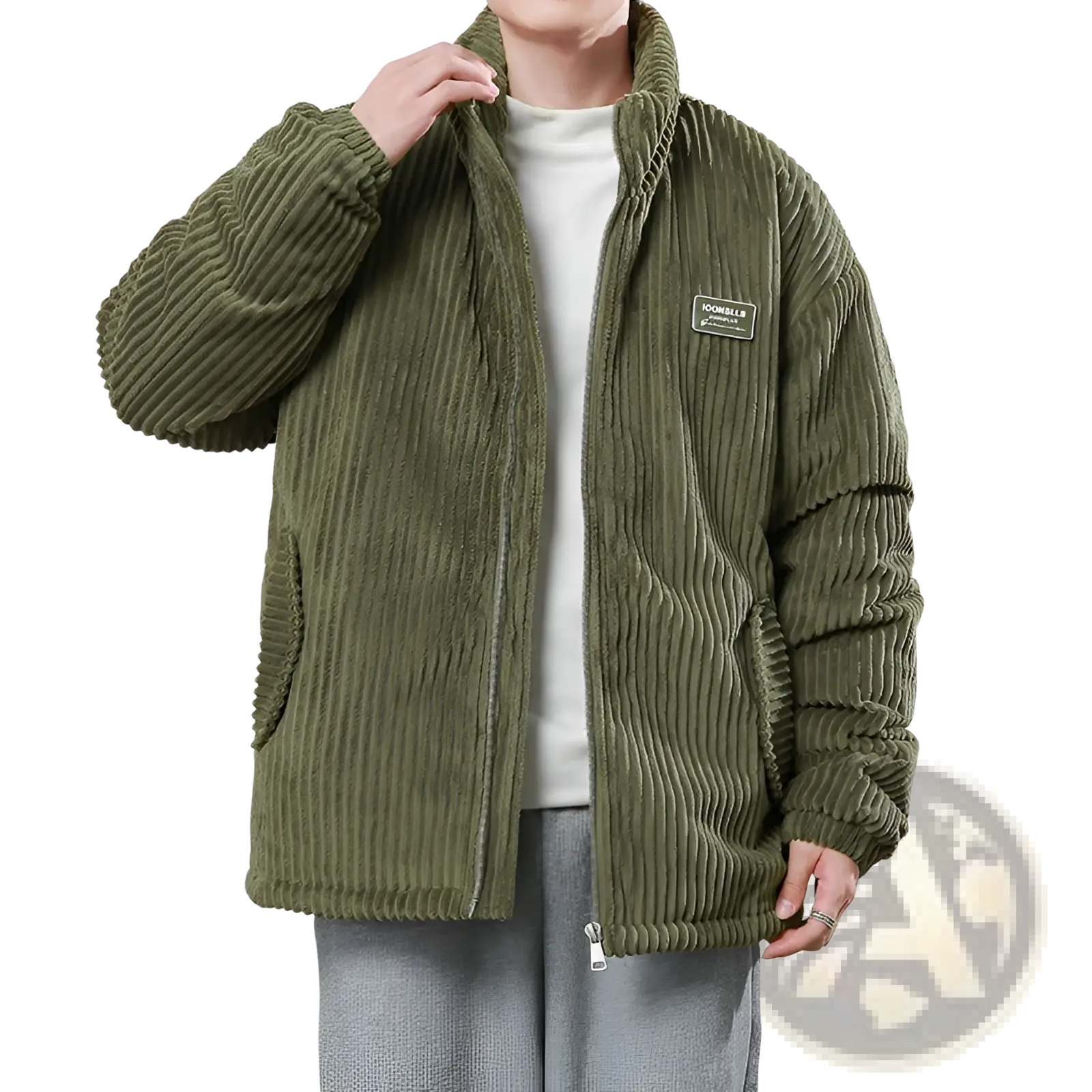 Men olive green corduroy puffer jacket with ribbed texture and zip-up front for winter warmth and style