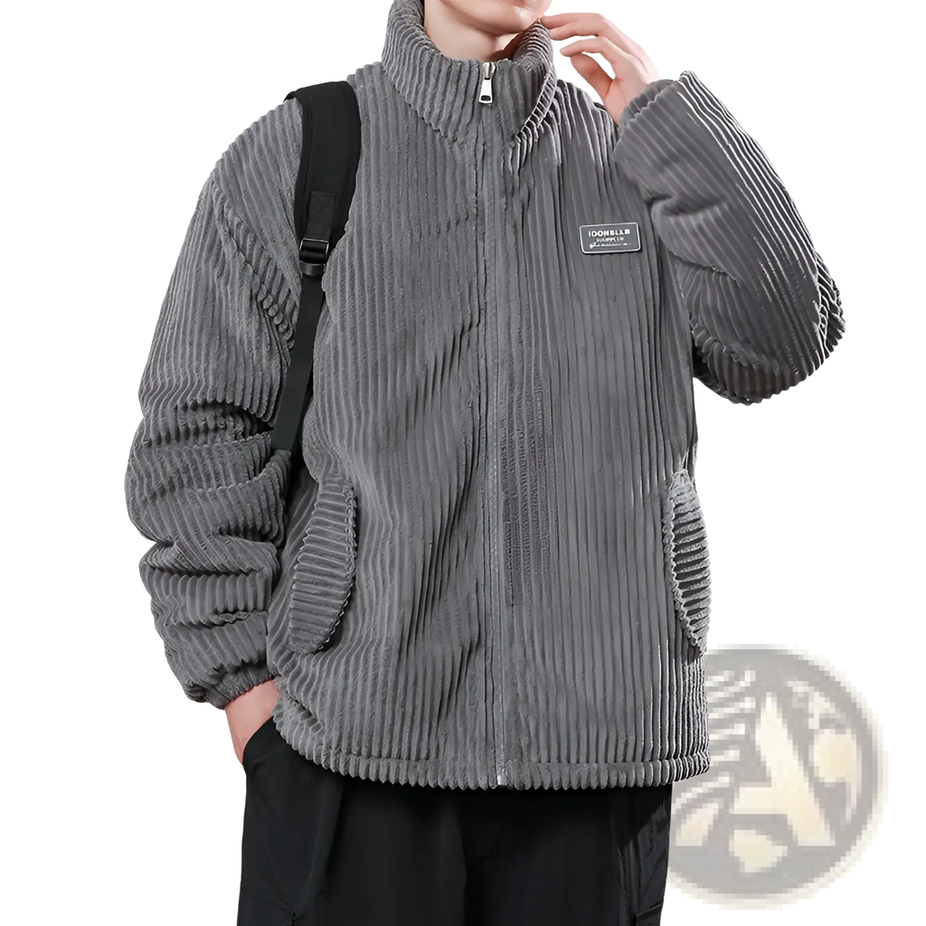Men corduroy puffer jacket in gray with ribbed texture and brand patch, designed for winter warmth