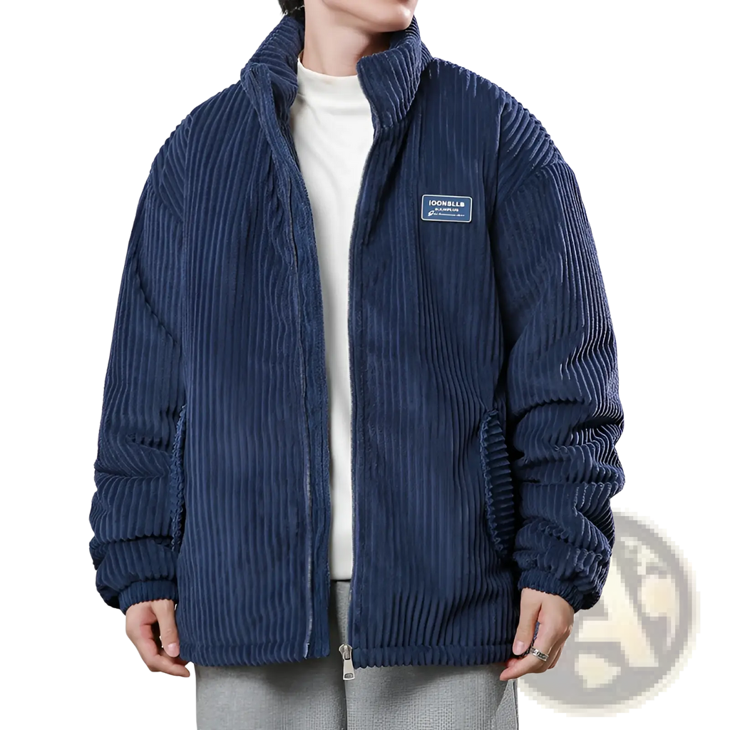 Navy blue men corduroy puffer jacket with ribbed texture and small rectangular chest patch winter warm coat