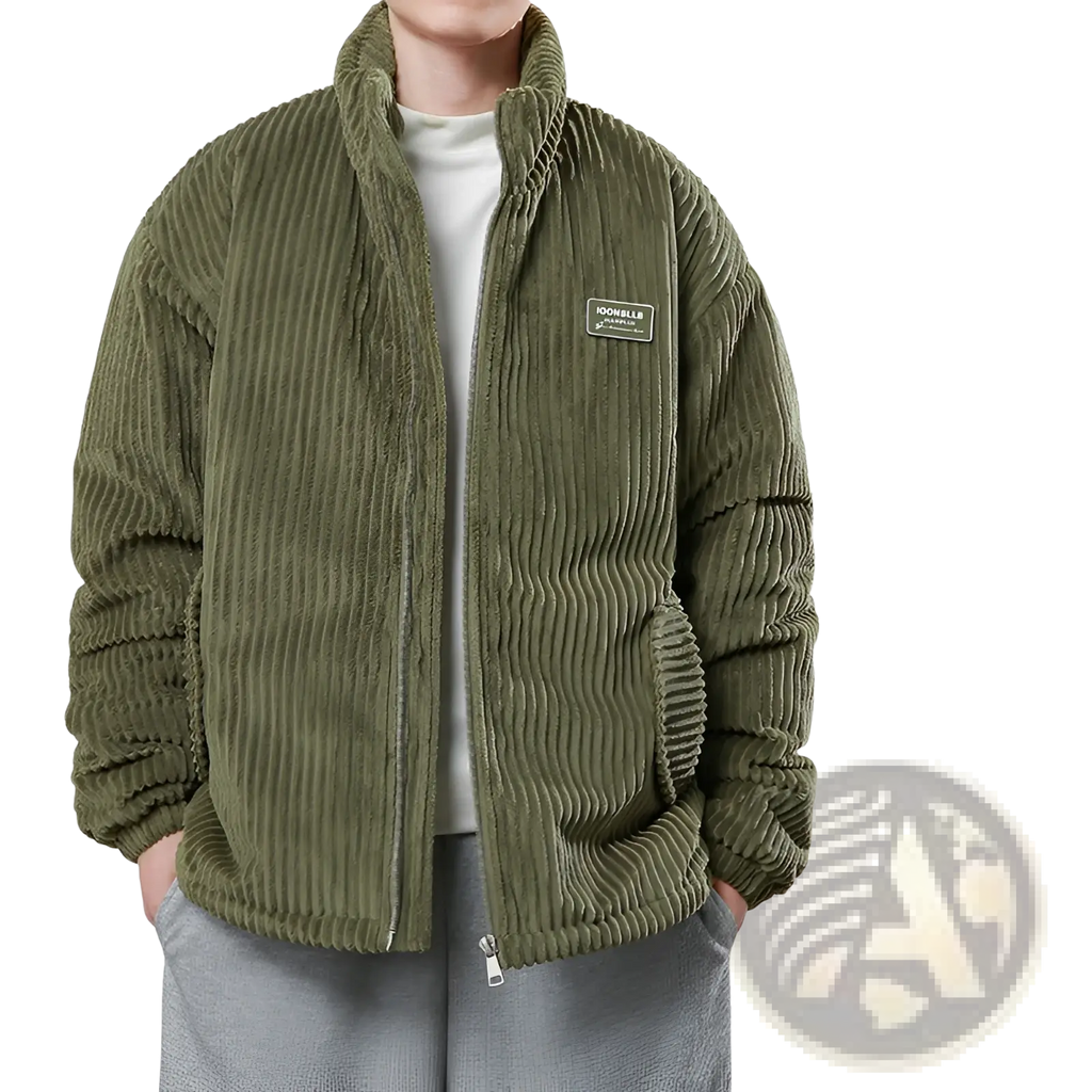 Men corduroy puffer jacket in olive green with ribbed texture and front zipper closure for winter warmth