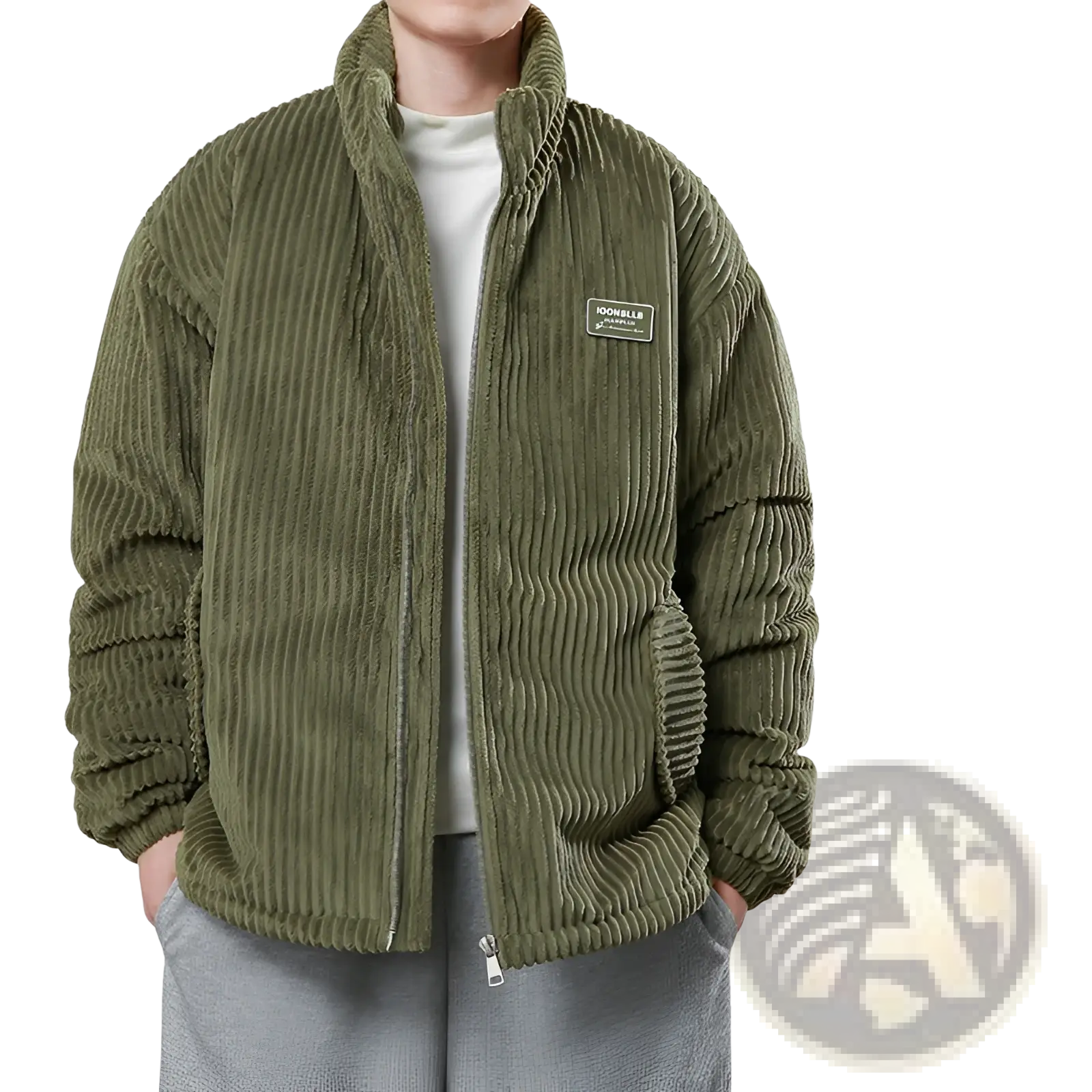 Men corduroy puffer jacket in olive green with ribbed texture and front zipper closure for winter warmth