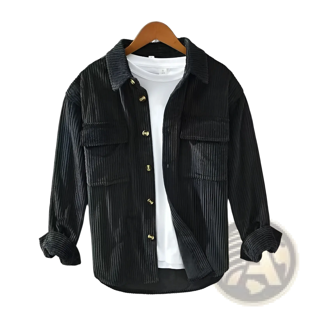 Men corduroy shirt slim fit long sleeve black with gold-tone buttons and rolled cuffs for autumn apparel