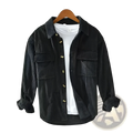 Men corduroy shirt slim fit long sleeve black with gold-tone buttons and rolled cuffs for autumn apparel