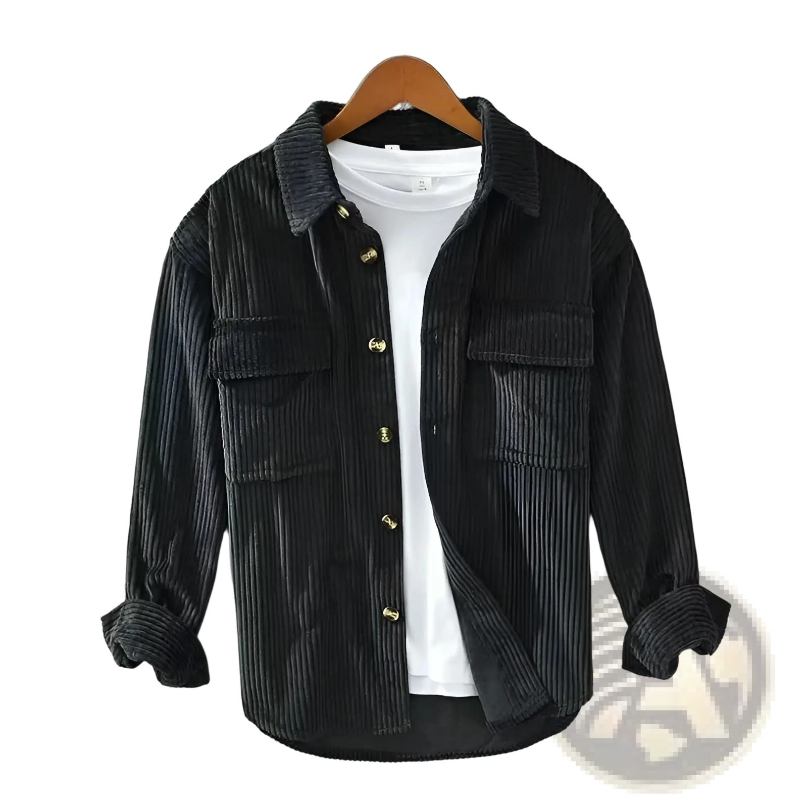 Men corduroy shirt slim fit long sleeve black with gold-tone buttons and rolled cuffs for autumn apparel