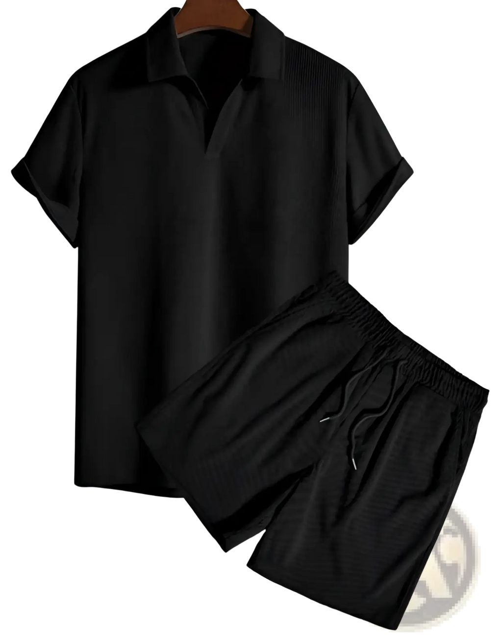Men corduroy short sleeve polo and matching black ribbed drawstring shorts set for casual wear