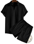Men corduroy short sleeve polo and matching black ribbed drawstring shorts set for casual wear