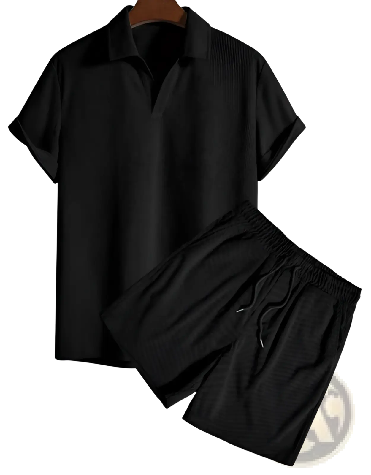 Men corduroy short sleeve polo and matching black ribbed drawstring shorts set for casual wear