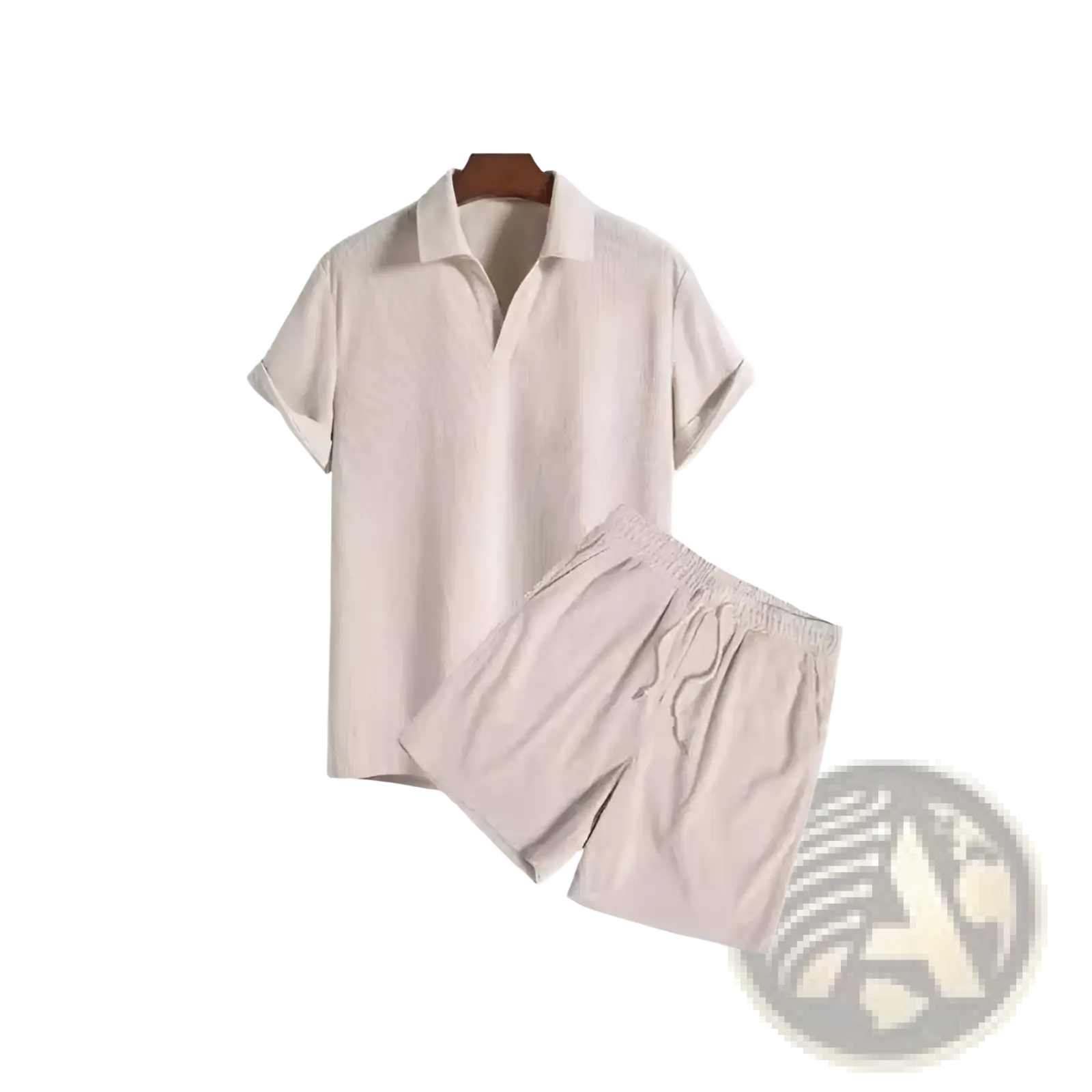 Men corduroy beige short sleeve polo shirt with subtle vertical ribbing and matching drawstring shorts set front view