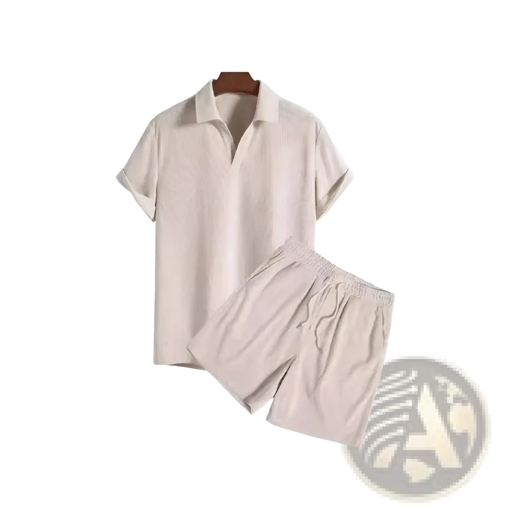 Men corduroy short sleeve polo shorts set in beige featuring subtle vertical ribbing and matching drawstring shorts
