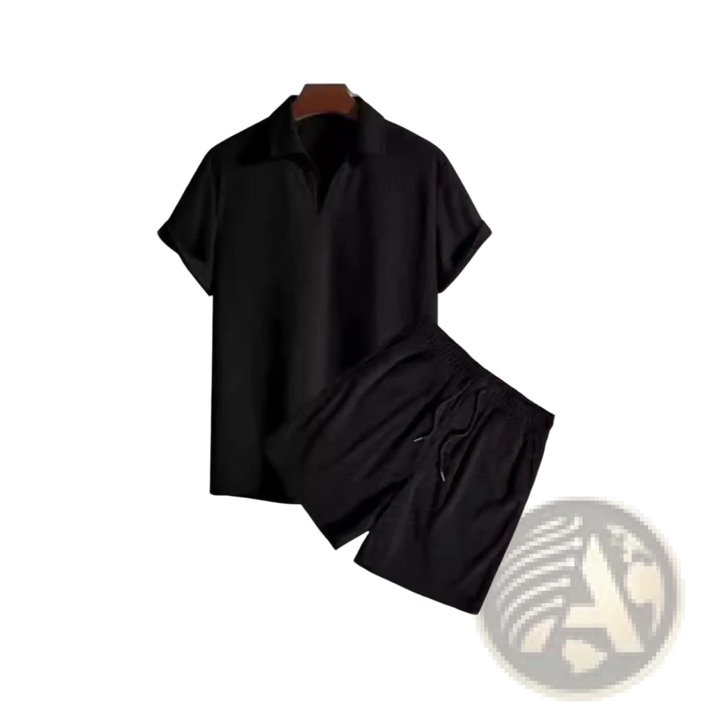 Black corduroy men short sleeve polo shirt and matching drawstring shorts set shown from the front side