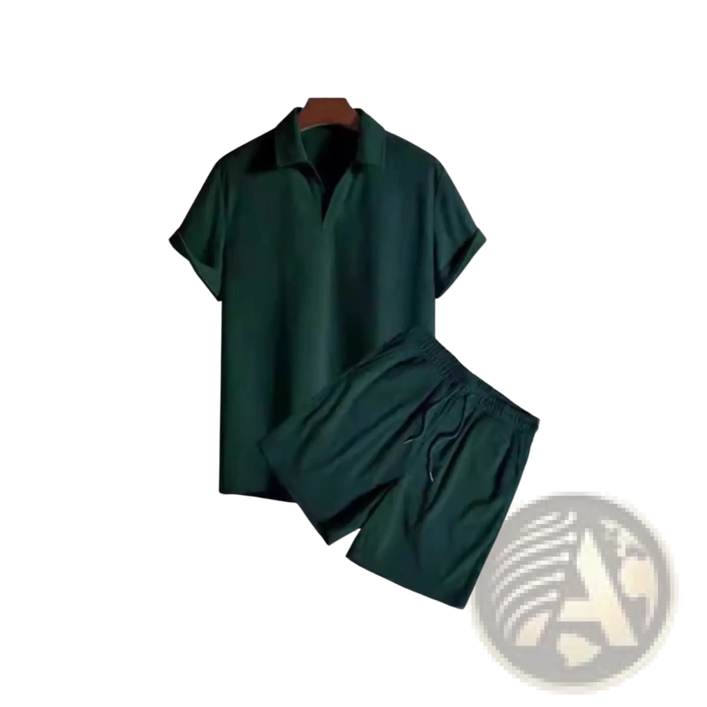Men corduroy short sleeve polo shirt and matching shorts set in dark green for casual summer wear
