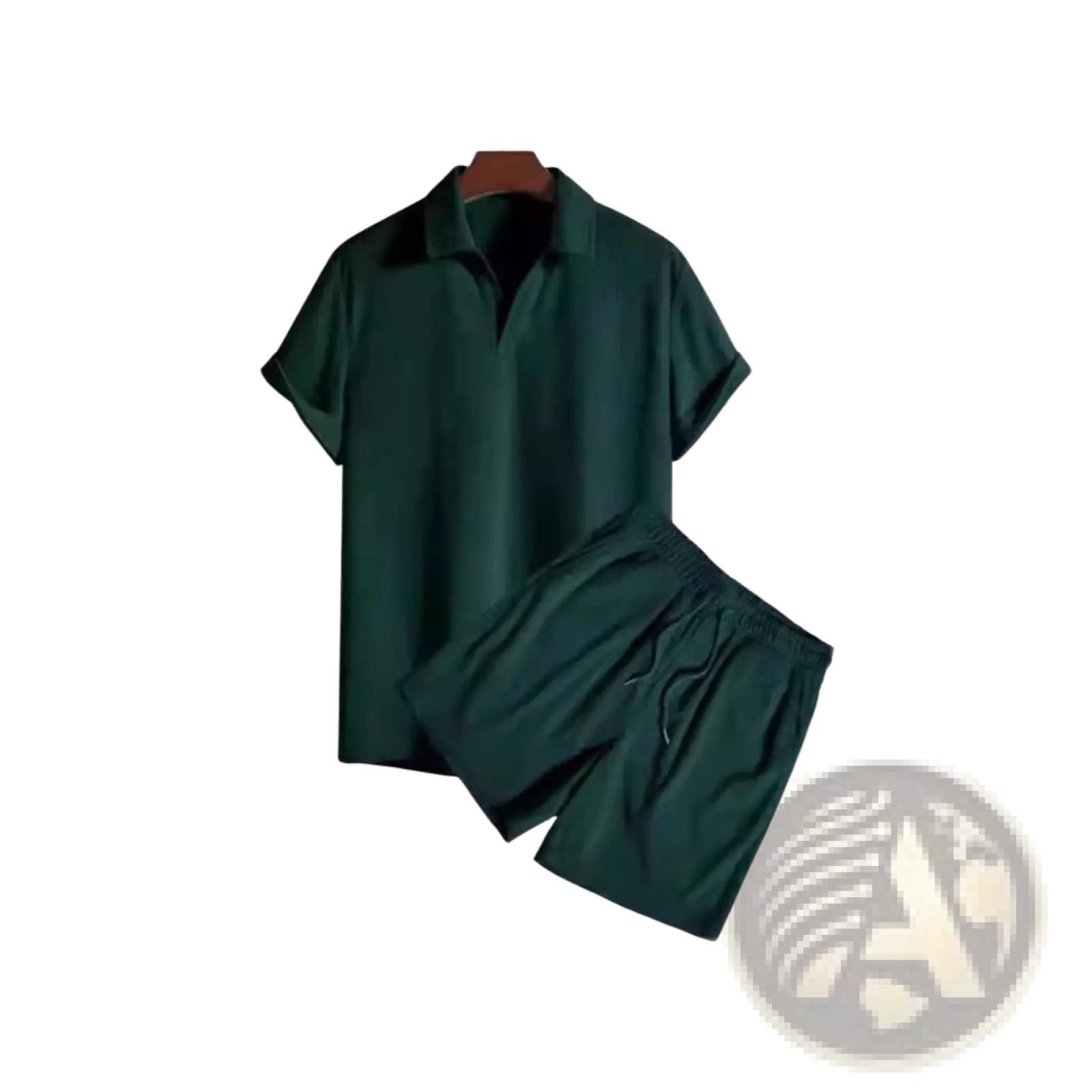 Men corduroy short sleeve polo shirt and matching shorts set in dark green for casual summer wear