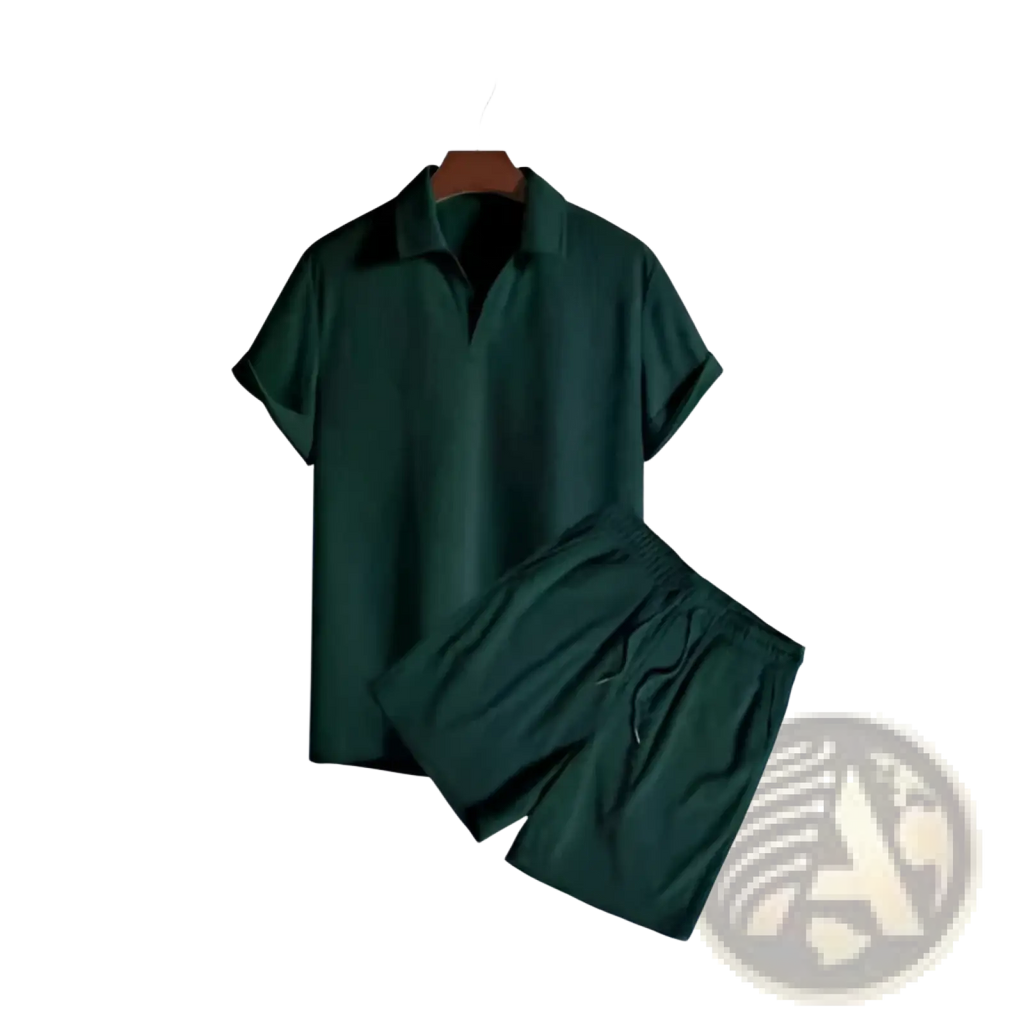 Men dark green corduroy short-sleeve polo shirt and matching shorts set ideal for casual summer wear