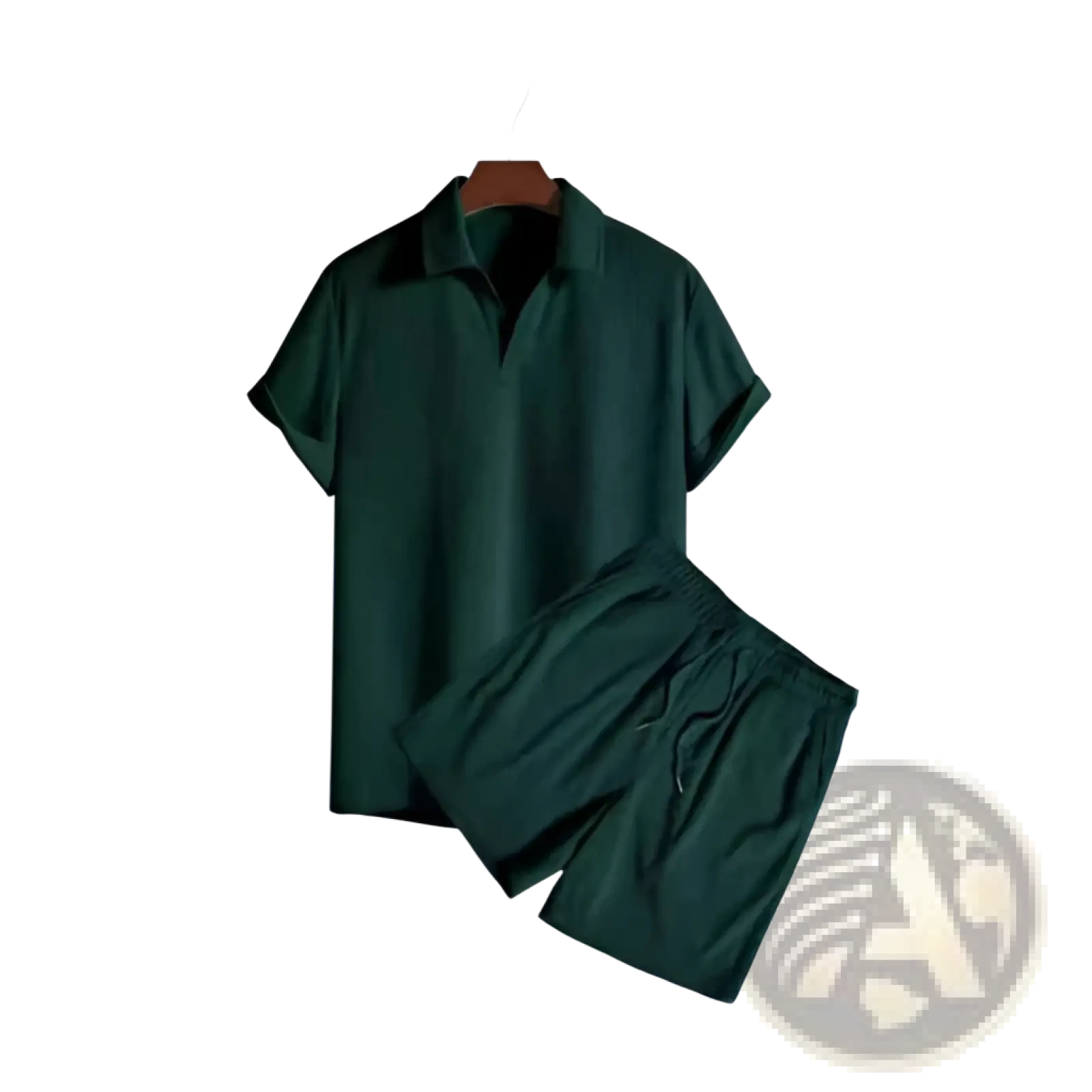 Men dark green corduroy short-sleeve polo shirt and matching shorts set ideal for casual summer wear