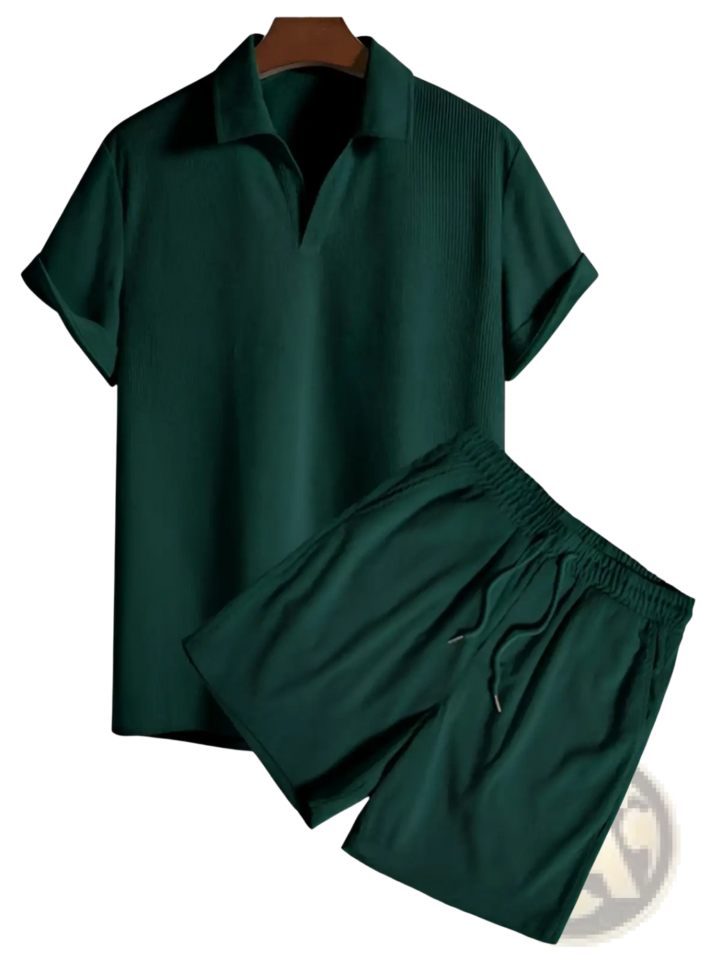 Men corduroy short sleeve polo and shorts set in dark green with textured fabric for casual wear