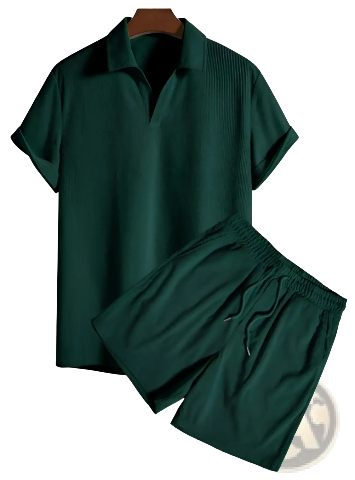 Men corduroy short sleeve polo and shorts set in dark green with textured fabric for casual wear