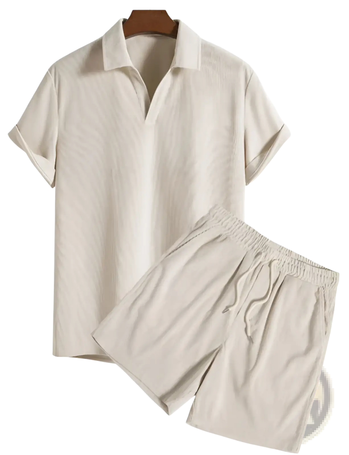 Men corduroy short sleeve polo and shorts set in beige ribbed cotton for casual summer wear