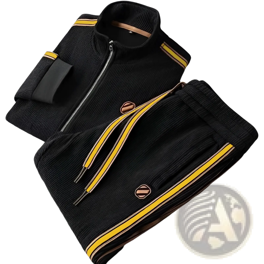 Men corduroy striped tracksuit set in black with bold yellow and beige striped accents on sleeves waistband and pockets