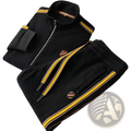 Men corduroy striped tracksuit set in black with bold yellow and beige striped accents on sleeves waistband and pockets