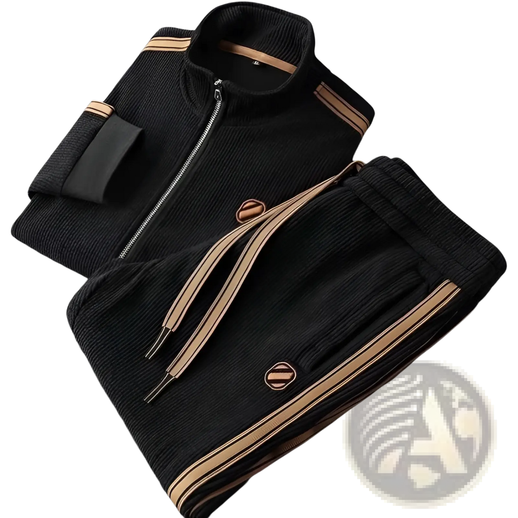 Men corduroy striped tracksuit set featuring black fabric with tan striped accents and matching logo patches