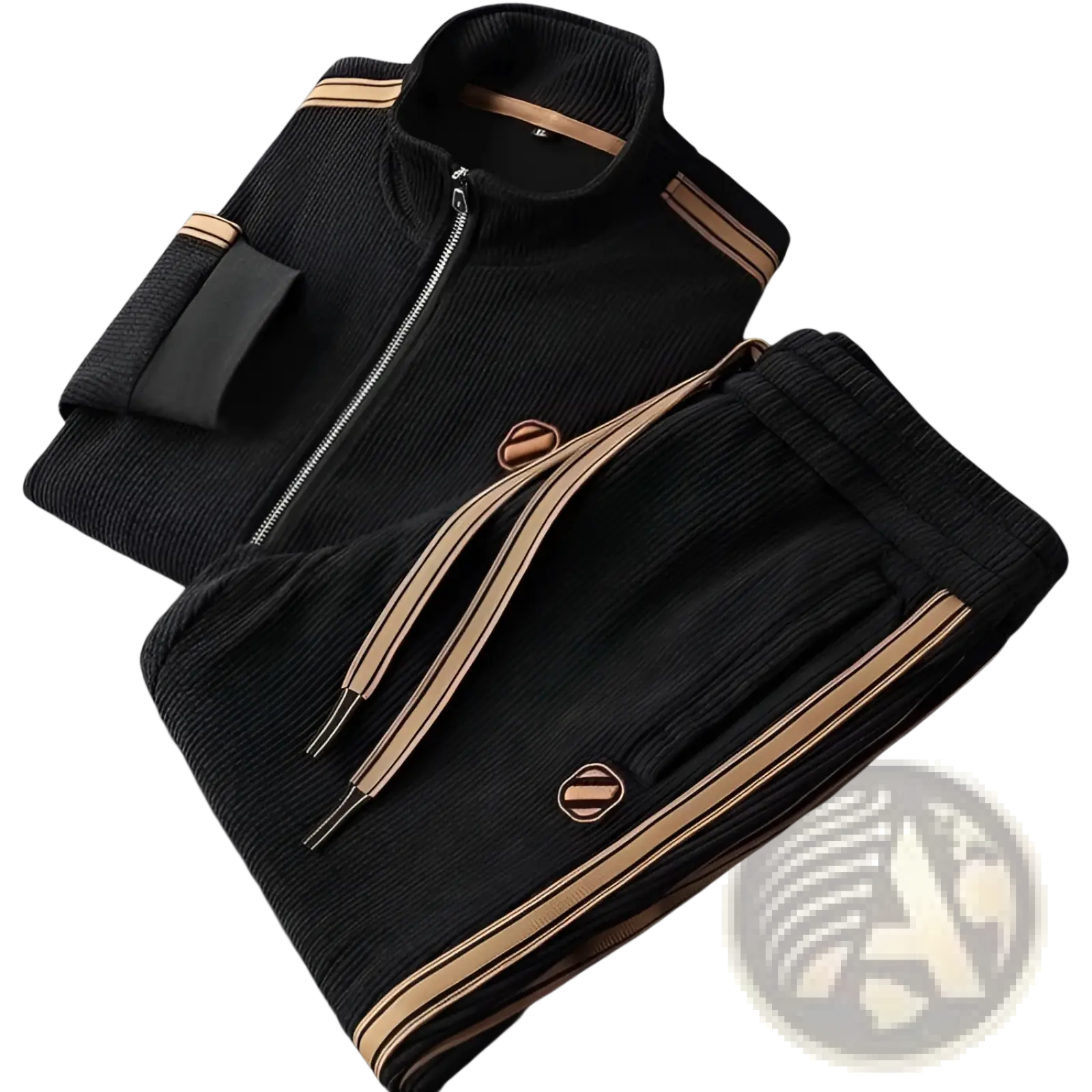 Men corduroy striped tracksuit set featuring black fabric with tan striped accents and matching logo patches