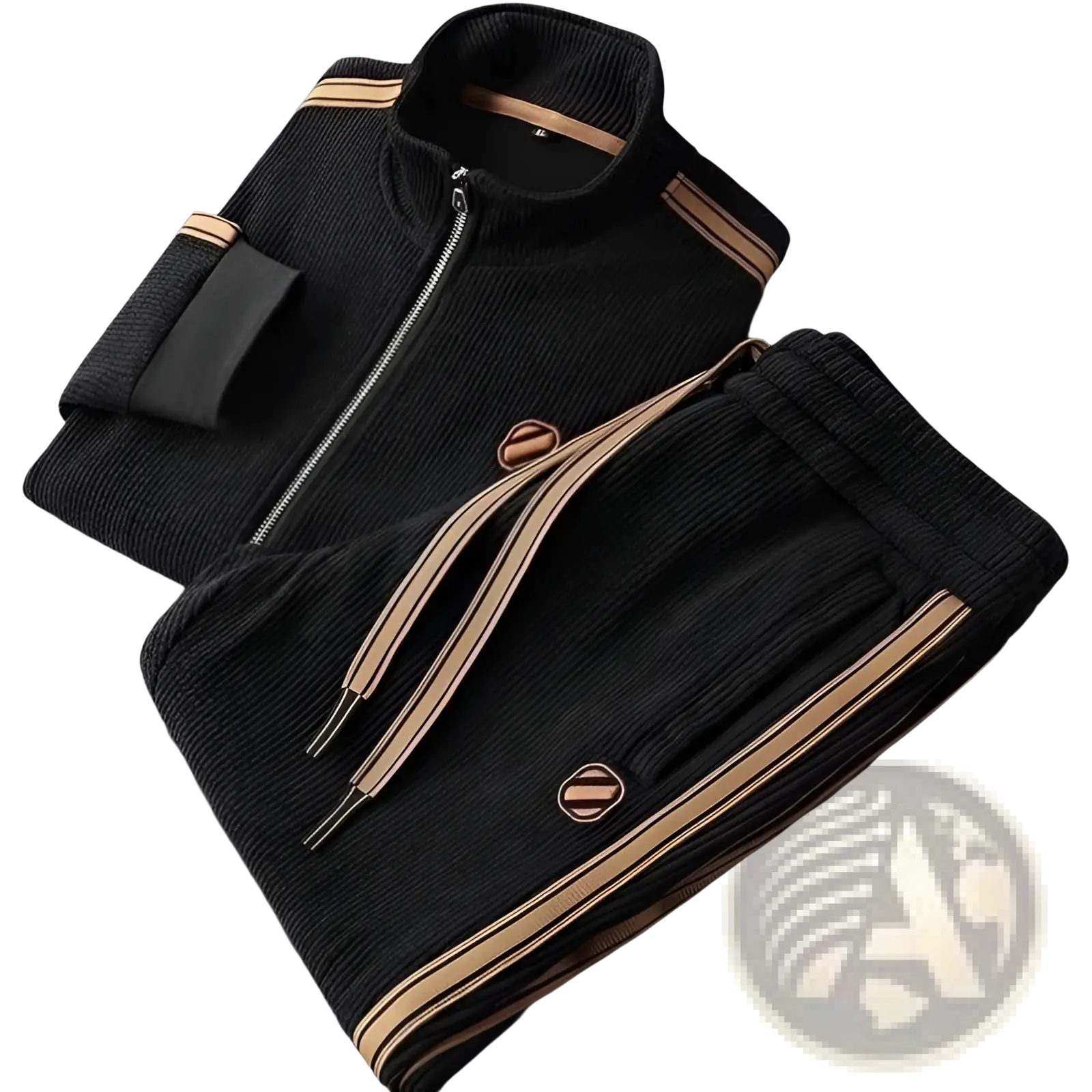 Men corduroy striped tracksuit set in black with tan striped accents and matching logo patches displayed from the back