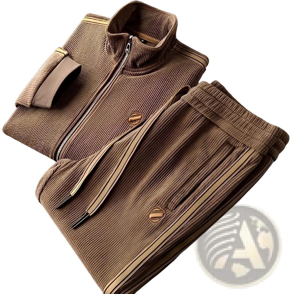 Men corduroy striped tracksuit set featuring a brown corduroy fabric with beige stripes and matching logo patches