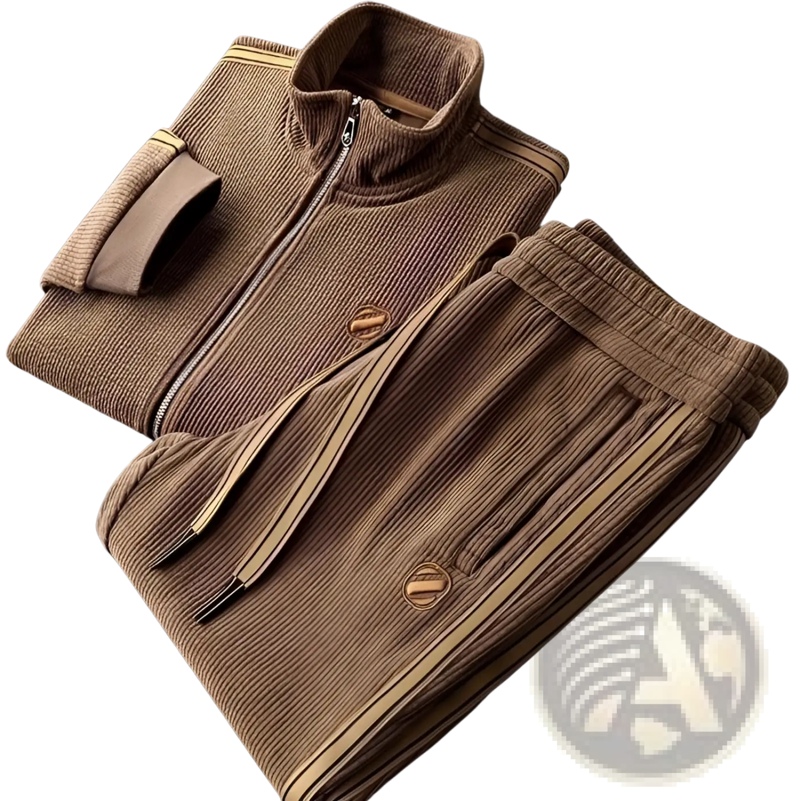Men corduroy striped tracksuit set in brown with ribbed texture and beige stripes along zipper cuffs and side seams