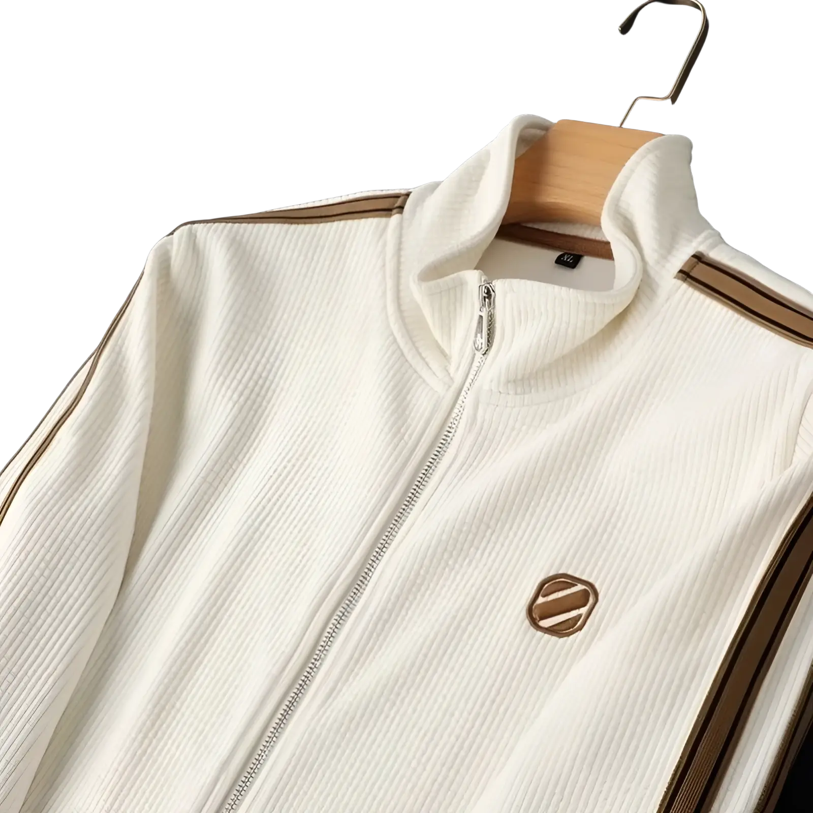 Men corduroy striped tracksuit set featuring a cream ribbed track jacket with brown stripes and a silver zipper