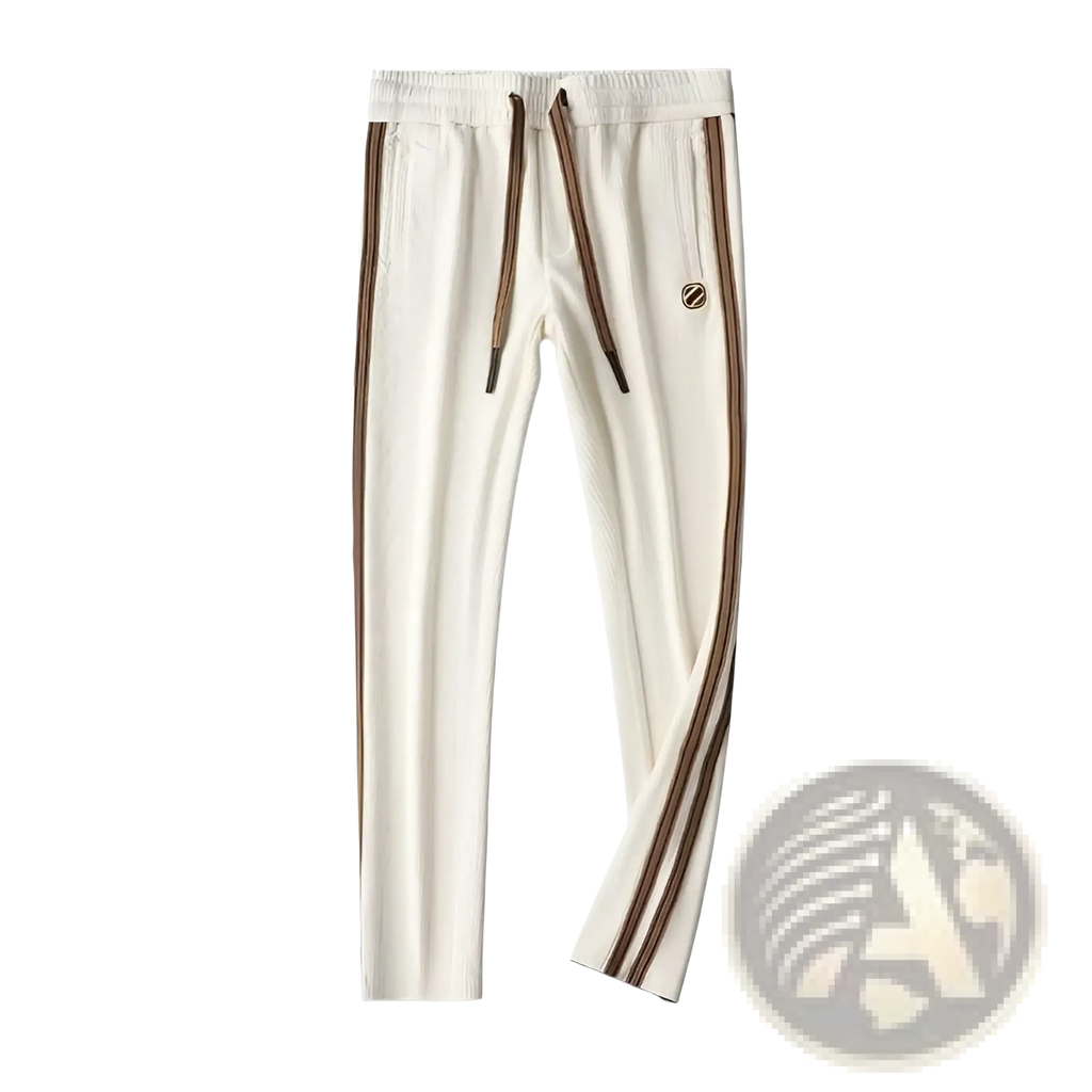 Men corduroy striped tracksuit set featuring cream ribbed track pants with brown striped side panels and matching drawstrings