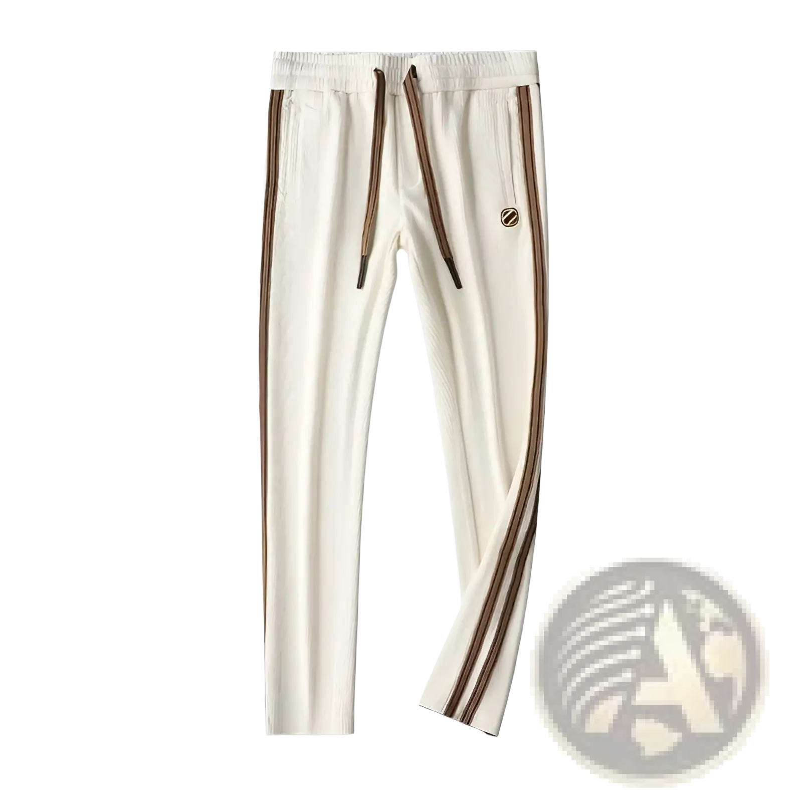 Men corduroy striped tracksuit set featuring cream ribbed track pants with brown striped side panels and matching drawstrings