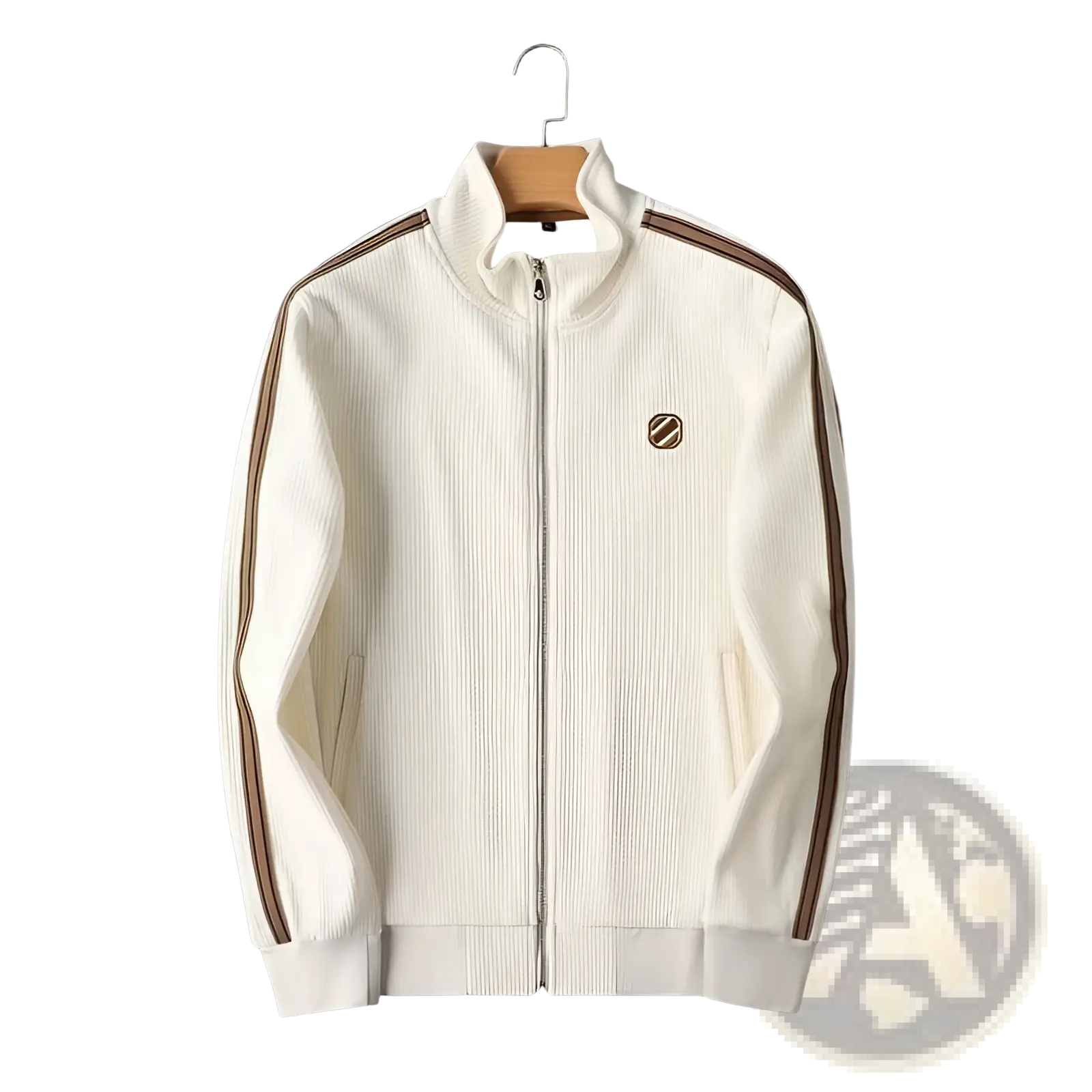 Cream-colored men corduroy track jacket with brown striped accents and a circular logo patch on the left chest