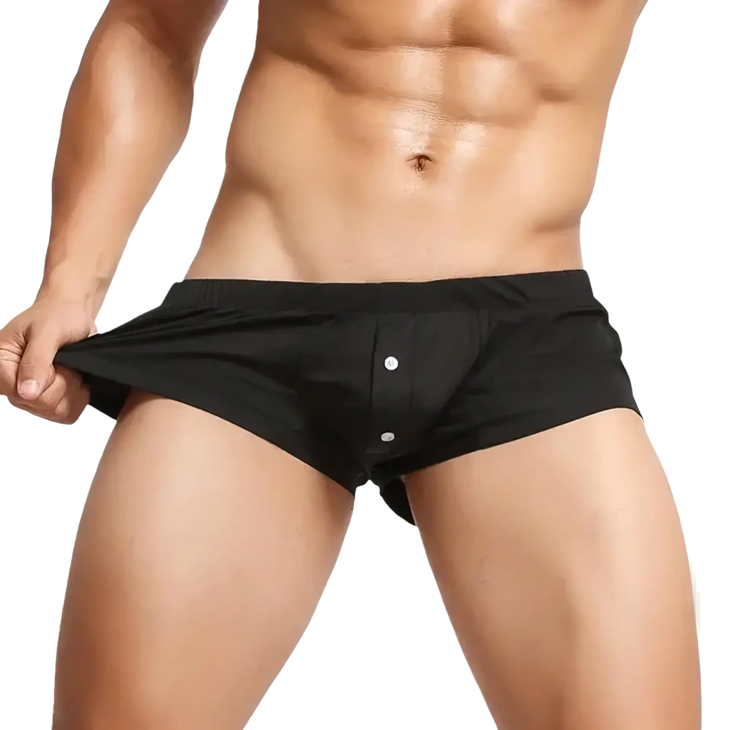Black cotton men button-front boxer briefs with a sleek form-fitting design breathable for sleepwear use