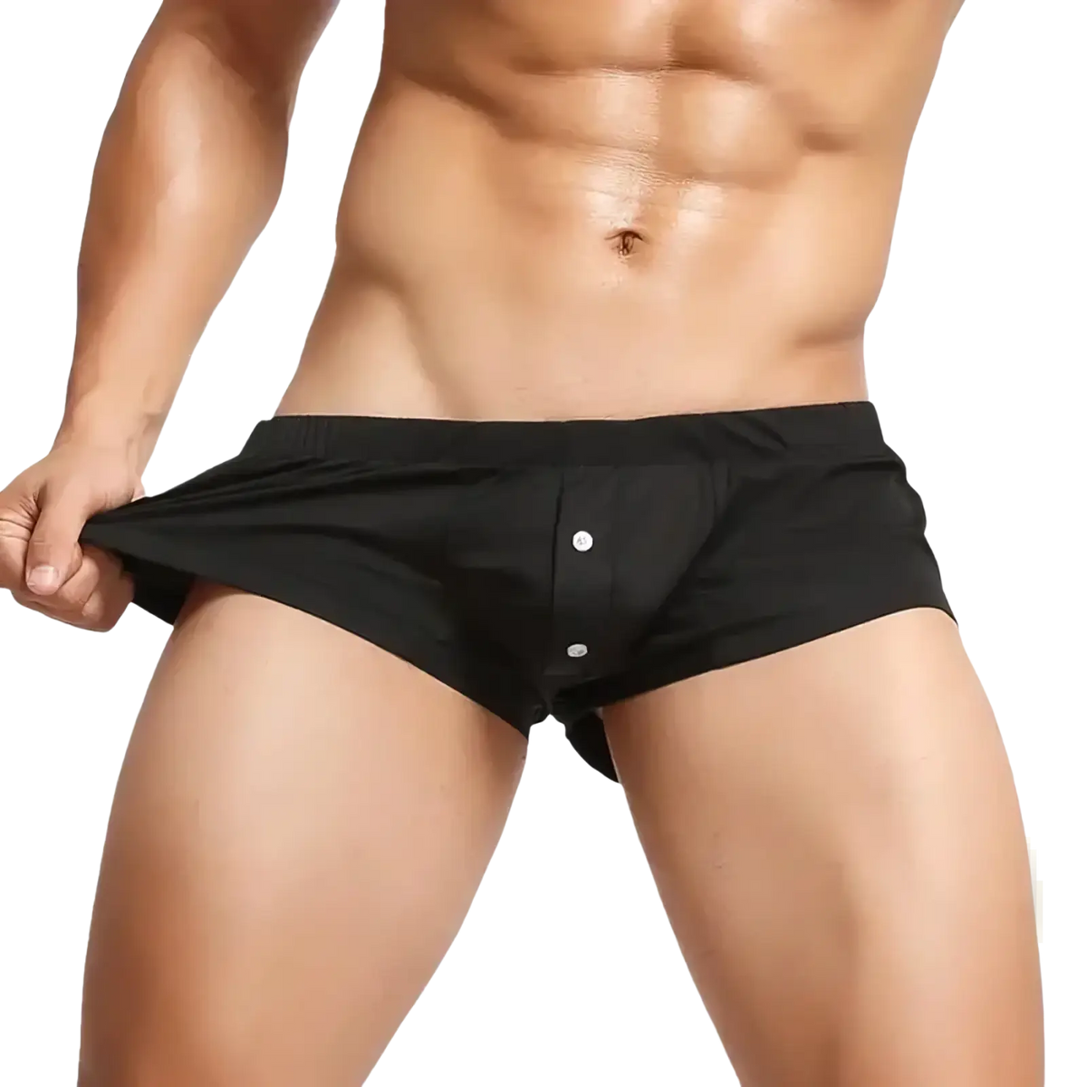 Black cotton men button-front boxer briefs with a sleek form-fitting design breathable for sleepwear use
