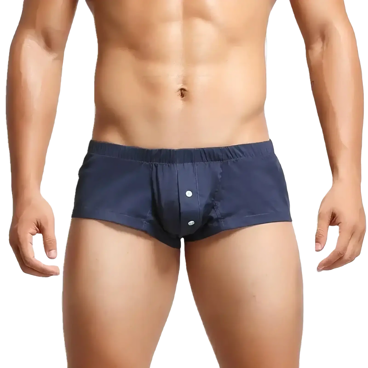 Navy blue cotton boxer briefs with a front button detail breathable sleep shorts for men