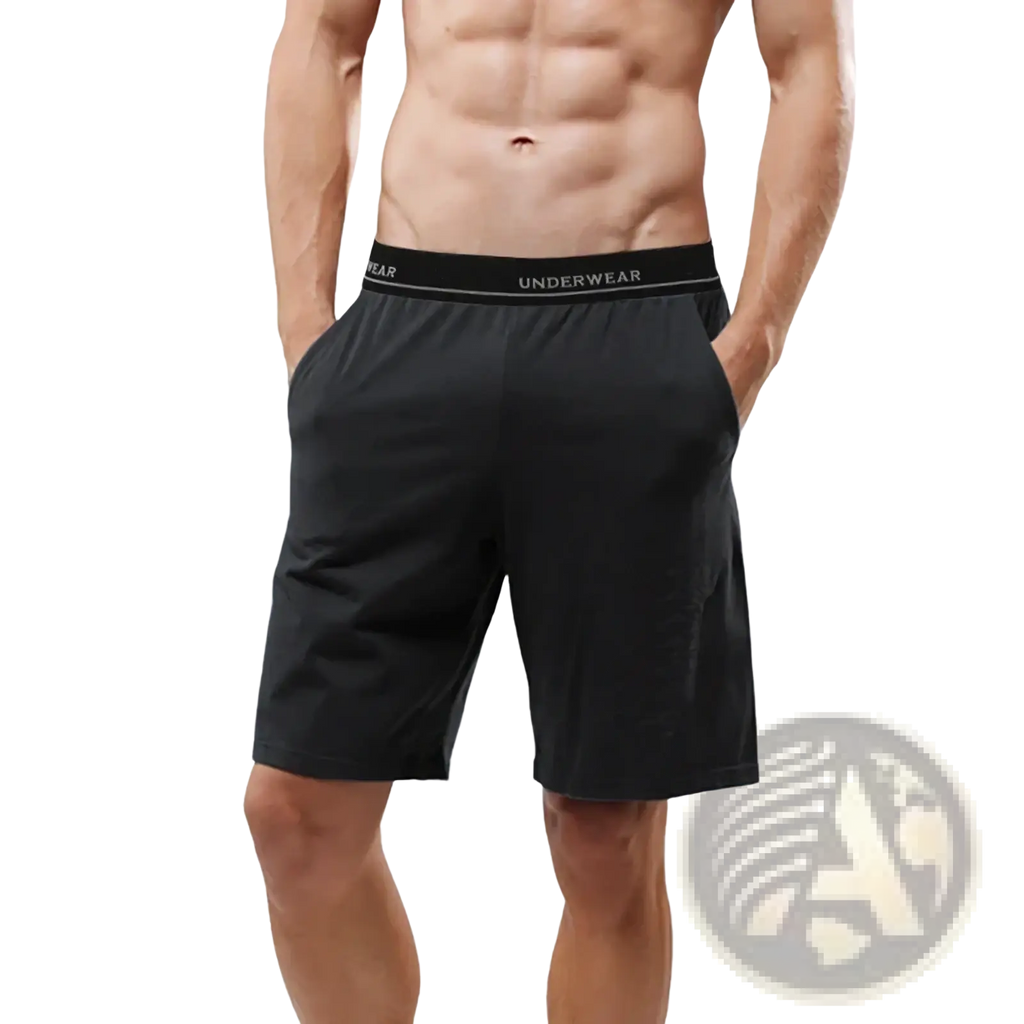 Men black cotton boxer shorts with loose fit and white underwear branded black elastic waistband for casual lounge gym use