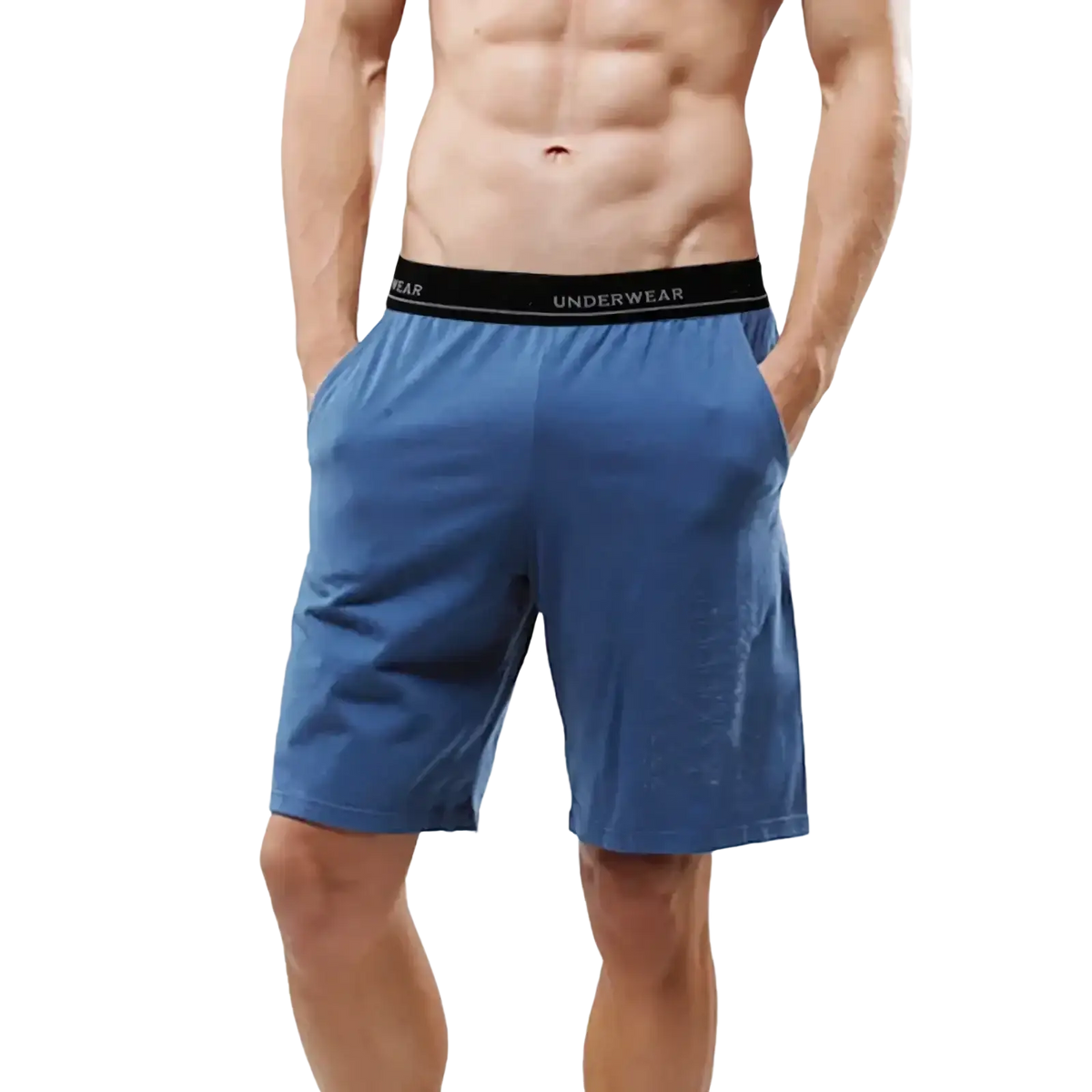 Blue cotton boxer shorts with black elastic waistband featuring underwear logo ideal for casual lounge and gym use