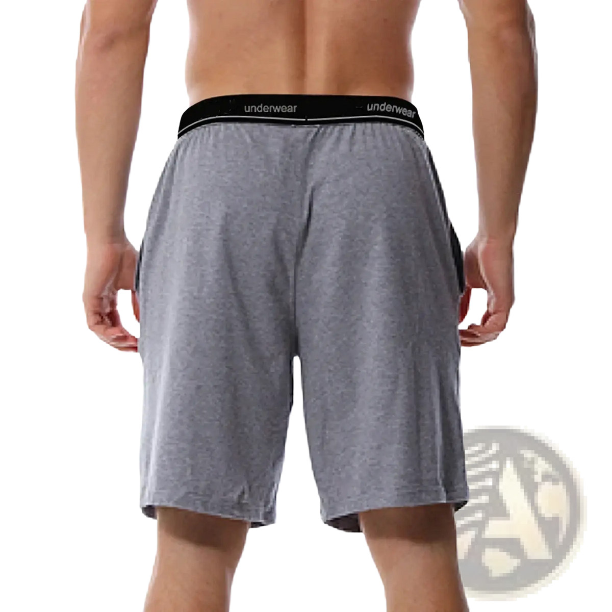 Men cotton boxer shorts in gray heathered fabric with black elastic waistband white underwear lettering for casual lounge