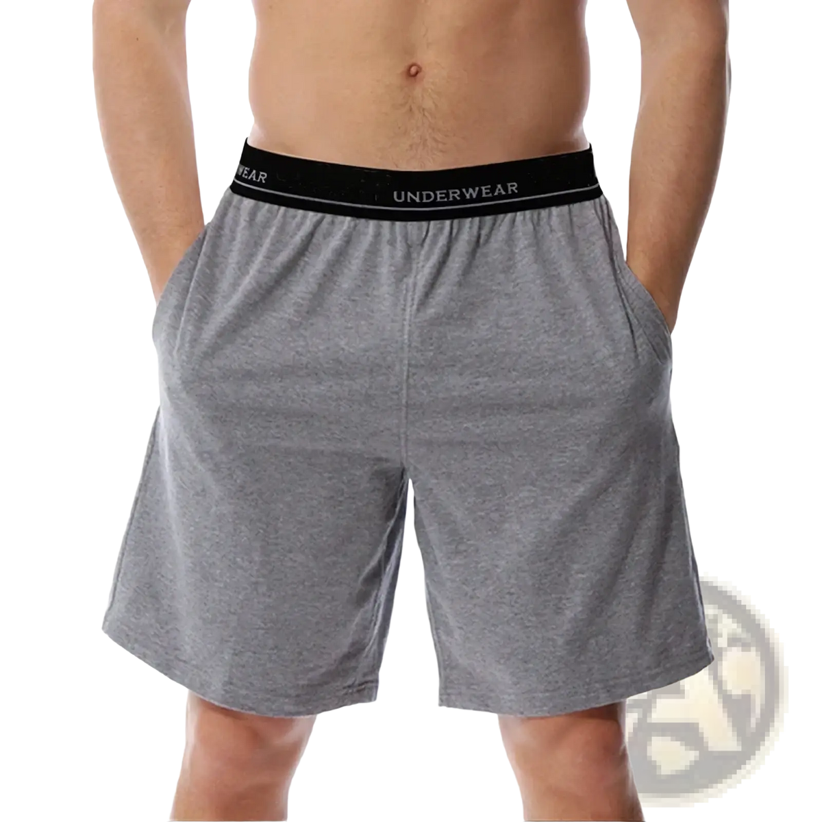 Men cotton boxer shorts in gray heathered fabric with a black elastic waistband labeled underwear for casual lounge use