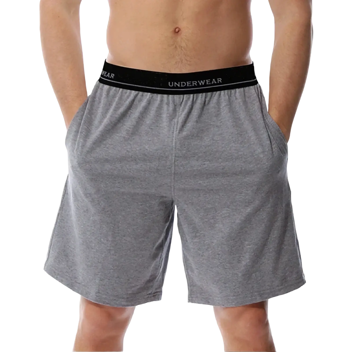 Men cotton boxer shorts in gray heathered color with black elastic waistband labeled underwear for casual lounge or gym use