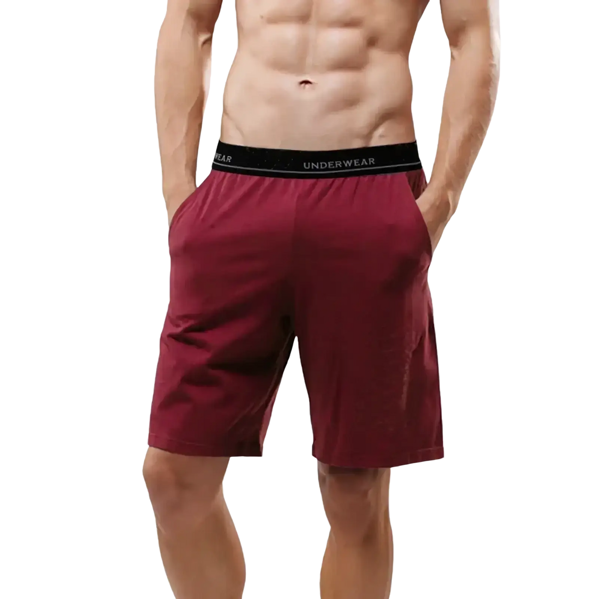 Men cotton boxer shorts in maroon with a black elastic waistband for casual lounge gym jogging use