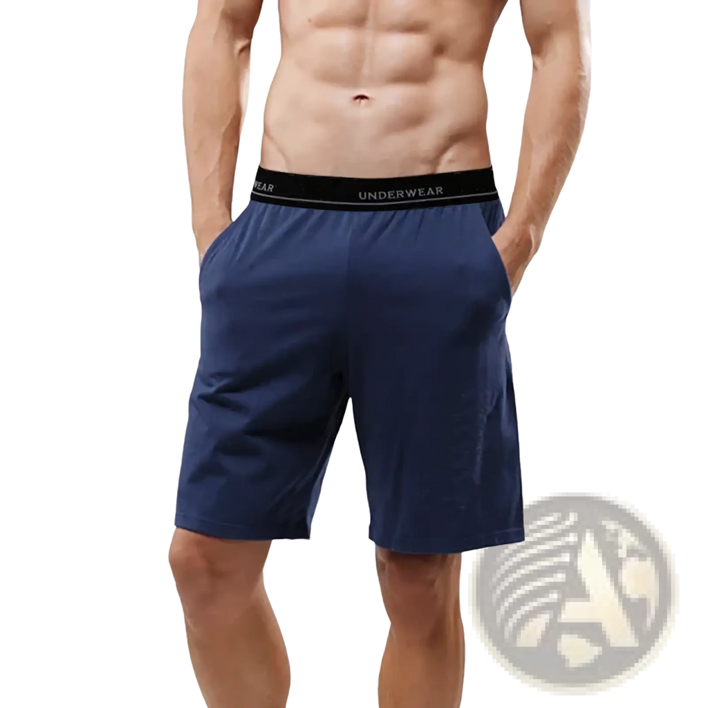 Men cotton boxer shorts loose casual lounge gym jogging navy blue with black waistband and underwear branding
