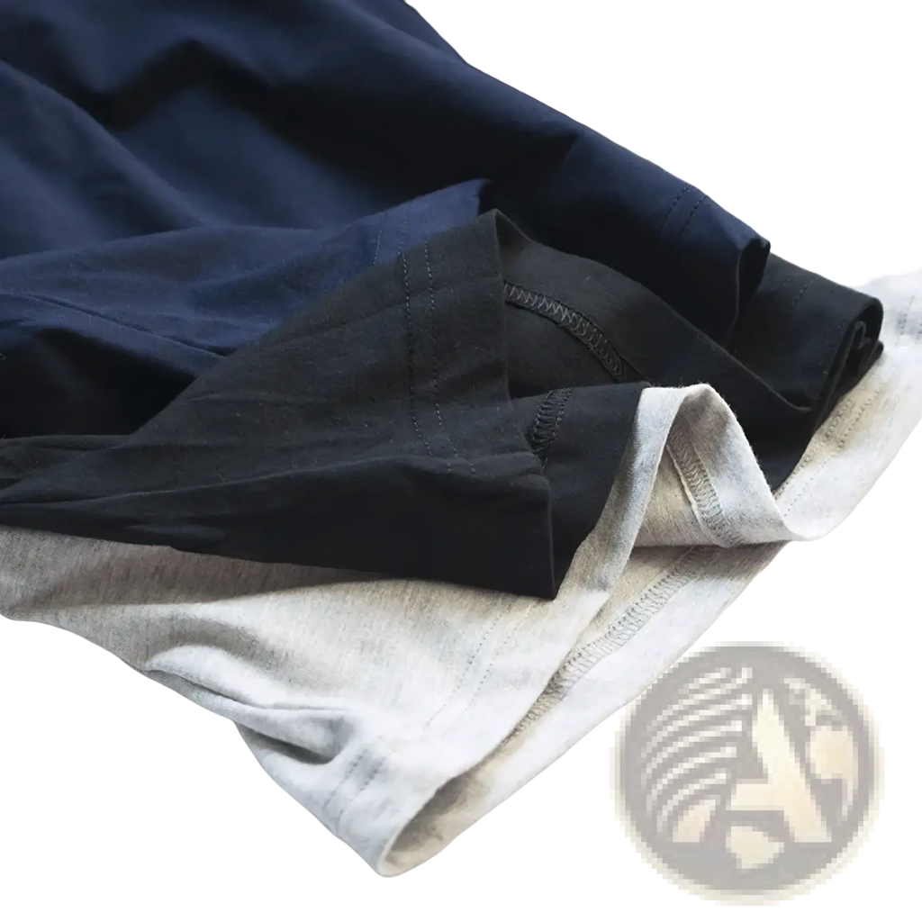 Stacked navy blue black and heather gray soft cotton t-shirts paired with men cotton boxer shorts for casual gym lounging
