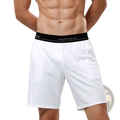 Men cotton boxer shorts in white with black elastic waistband featuring underwear lettering for casual lounge gym use