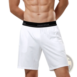 Men cotton boxer shorts in white with black elastic waistband featuring underwear lettering for casual lounge gym use