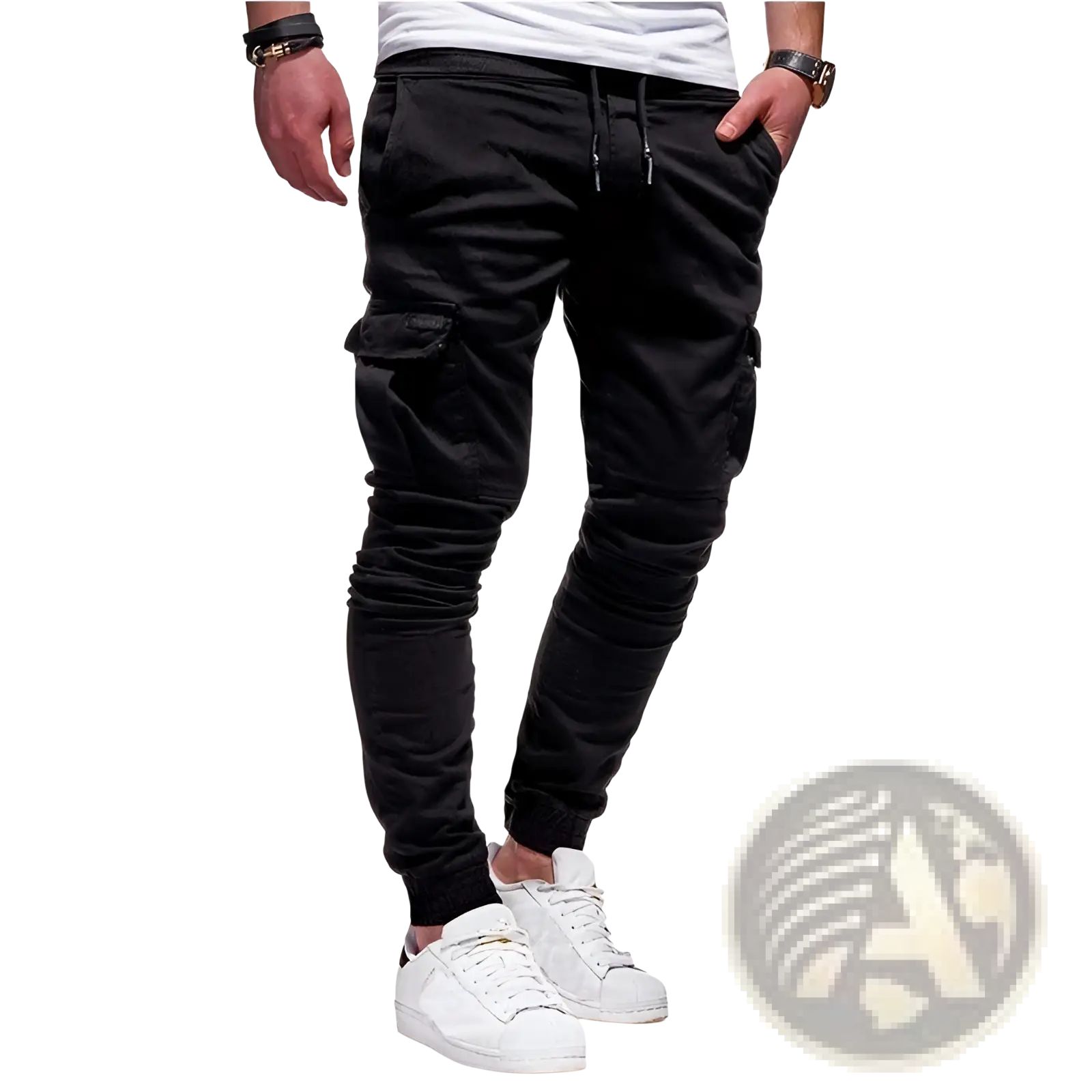 Men cotton cargo joggers casual pants in black with elastic cuffs and side pockets for everyday wear